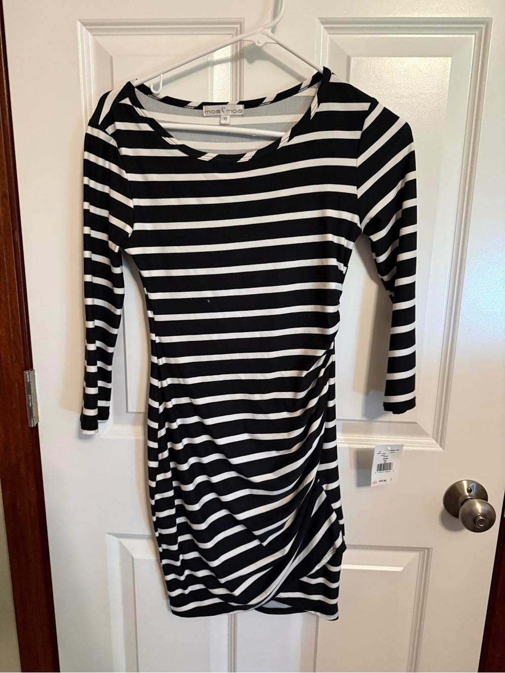 Moa Moa Black & White Striped Ruched Long Sleeve Dress